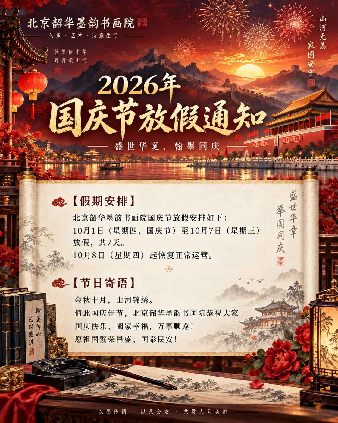 北京韶华墨韵书画院2026年国庆节假期安排｜盛世华诞，翰墨同庆
